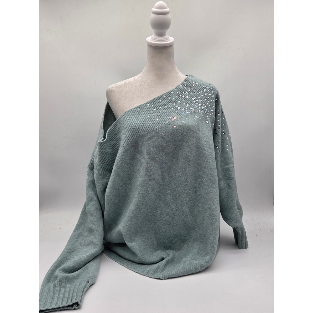 Nine West 2X Sage Green Embellished Off-Shoulder Sweater Rhinestone 101-837